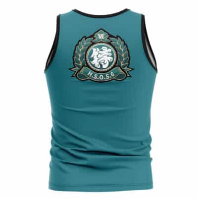 The Sons of Calydon Zenless Zone Zero Tank Top (Copy) is a teal tank top with a back crest displaying a white lion head, laurel leaves, small crown, and gold and white H.S.O.S.G text accents.
