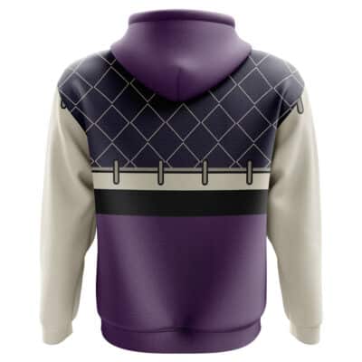 Back view of the Senku Ishigami Dr. Stone Hoodie (Copy) featuring a purple hood, cream sleeves, dark purple body, diamond grid on the upper back, and a black stripe with linked metal ring design.