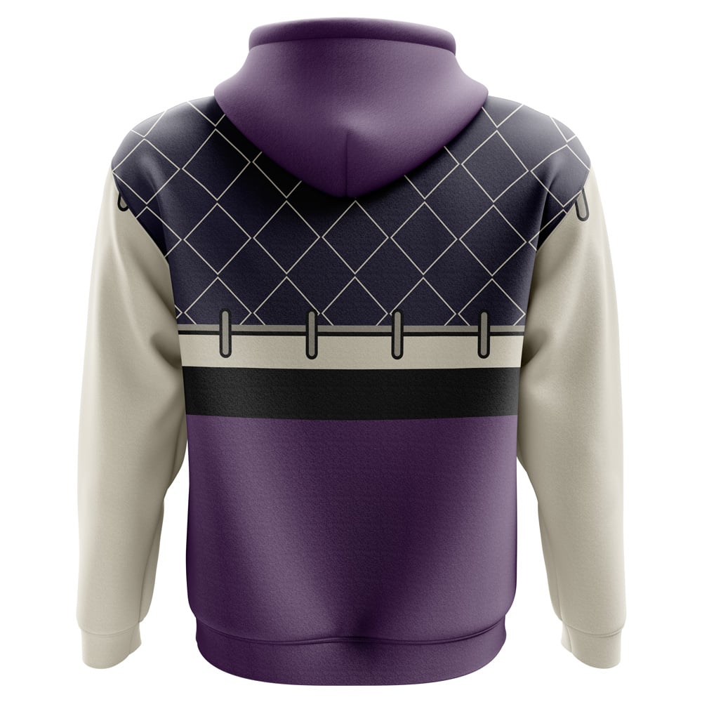 Back view of the Senku Ishigami Dr. Stone Hoodie (Copy) featuring a purple hood, cream sleeves, dark purple body, diamond grid on the upper back, and a black stripe with linked metal ring design.