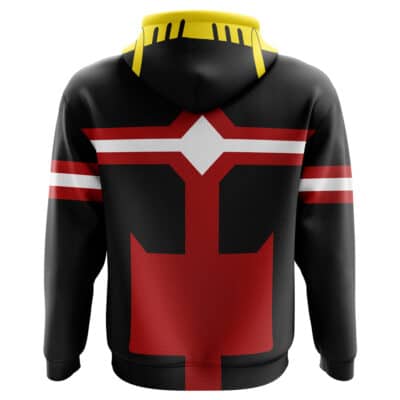 The Koichi The Crawler Black Cosplay My Hero Academia Vigilantes Hoodie features a bold red, white, and yellow angular graphic on the back, with two red stripes on the sleeves and a yellow accent on the hood.