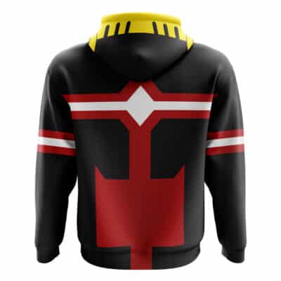 The Koichi The Crawler Blue Cosplay My Hero Academia Vigilantes Hoodie features a blue design with yellow accents, and bold red and white geometric patterns on the back and sleeves, resembling a stylized emblem or futuristic armor.