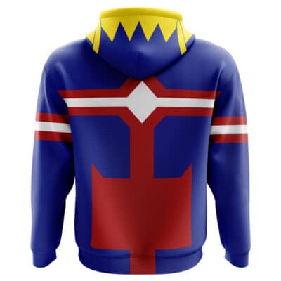 The Jabber Wonger Cosplay Gachiakuta Hoodie (Copy) features a bold, colorful back design with blue, red, white, and yellow geometric patterns inspired by superhero costumes and a hood with yellow jagged trim.