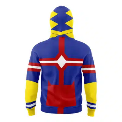 The Smoke Mortal Kombat Masked Hoodie (Copy) features a bold, colorful design with blue, yellow, and red geometric patterns. Zigzag shapes appear on the hood, while symmetrical stripes accent the back and sleeves. Viewed from the back.