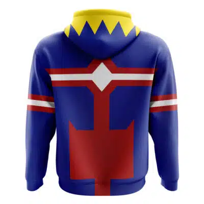 The Belle Vibrant Store Manager Zenless Zone Zero Zip Hoodie Jacket features a blue base with a red, white, and yellow geometric superhero-inspired design on the back and a hood with yellow triangular accents.