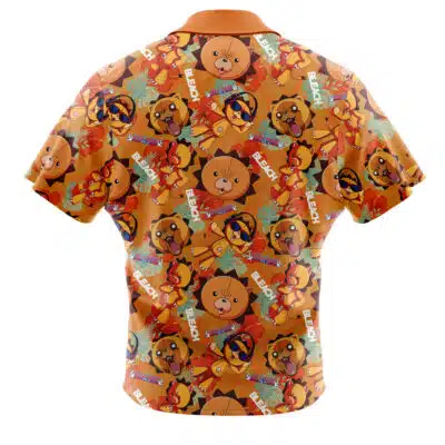 Back view of the Franky Zou Arc Outfit One Piece Short Sleeve Hawaiian Shirt with a vibrant orange base, featuring cartoon lions, tropical leaves, and playful "BLEGH!" text in colorful fonts.