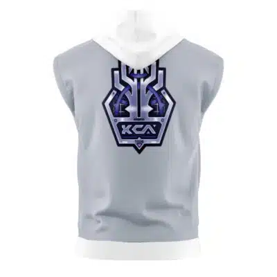 The Obol Squad Zenless Zone Zero Sleeveless Hoodie is light gray with a white hood, showcasing a bold blue and purple geometric emblem and KCA text on the back.