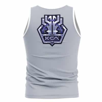 The Obol Squad Zenless Zone Zero Tank Top is a light gray, fitted sleeveless shirt featuring a bold blue and purple geometric emblem and "XCA" text on the upper back, with slight creases for an athletic look.