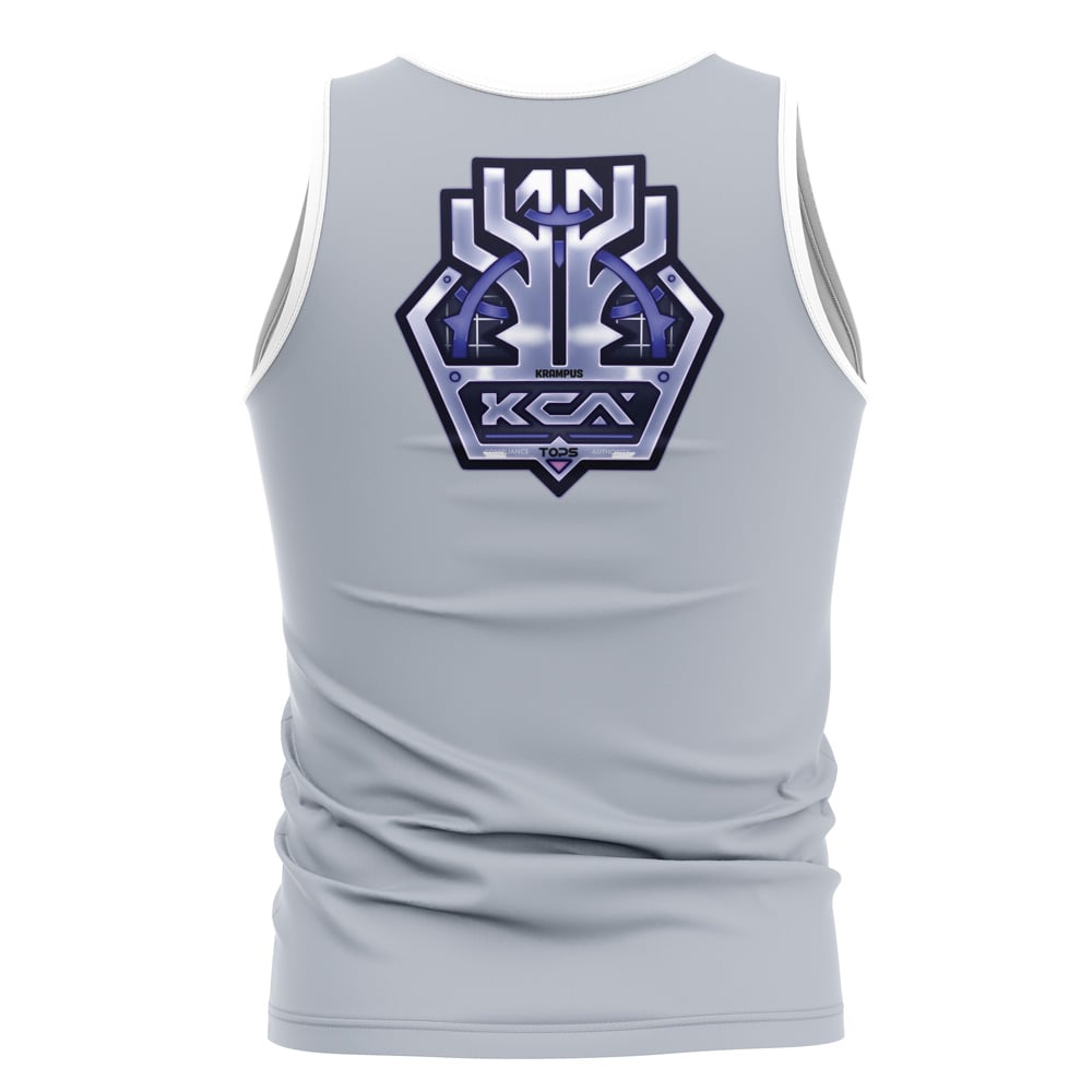 The Obol Squad Zenless Zone Zero Tank Top is a light gray, fitted sleeveless shirt featuring a bold blue and purple geometric emblem and "XCA" text on the upper back, with slight creases for an athletic look.
