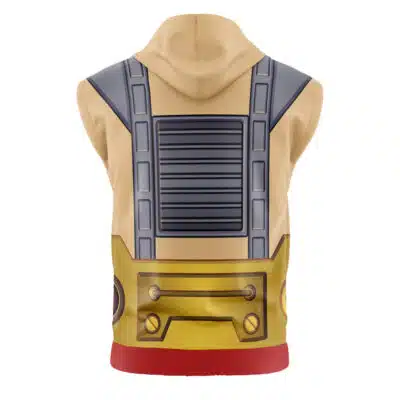 The image shows the back of the Kung Lao Klassic Mortal Kombat 2 Sleeveless Hoodie, a beige hoodie featuring a printed mechanical design with gray straps, vented panel, yellow plates, and red trim at the hem.