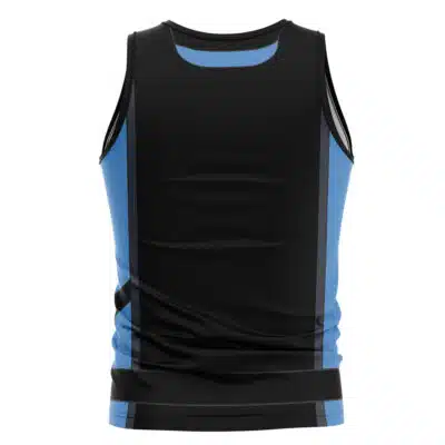 The Franky Iron Samurai One Piece Tank Top (Copy) features a sleeveless design with a black base, vertical blue side panels, and narrow gray stripes outlining the panels. The fitted fabric gives it a smooth look from the back.