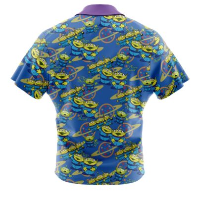 The Zoro Pattern One Piece Short Sleeve Button Up Hawaiian Shirt features a blue background with a vibrant all-over print of cartoon green aliens, yellow stars, and red-and-blue space rings, plus a solid purple collar.