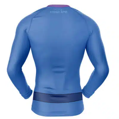 The Shinigami Death Seal Shippuden Long Sleeve Rash Guard Compression Shirt is shown from the back, featuring a dark waist band and subtle white text at the upper neck.
