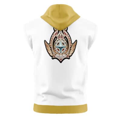 The Hollow Special Operations Section 6 Zenless Zone Zero Sleeveless Hoodie features a white body, mustard yellow hood and waistband, and a detailed star badge design with decorative patterns on the back.