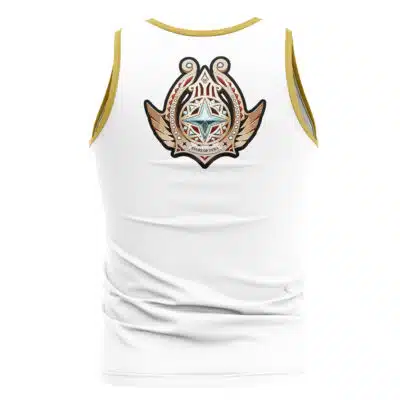 The Hollow Special Operations Section 6 Zenless Zone Zero Tank Top (Copy) is a white sleeveless top with gold trim and a large ornate emblem—star, wings, and decorative patterns—on the back.