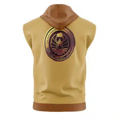 The Spook Shack Zenless Zone Zero Sleeveless Hoodie (Copy) is displayed from the back, showcasing a tan design with a hood and a large, round, multicolored emblem featuring a stylized figure holding scales encircled by text.