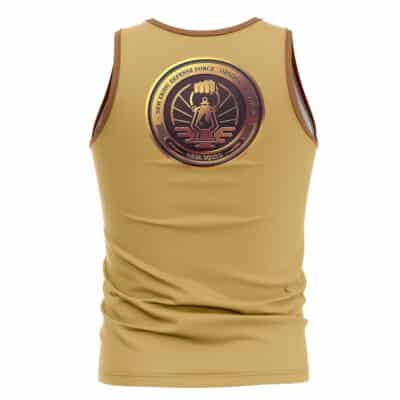 A tan Spook Shack Zenless Zone Zero Tank Top (Copy), sleeveless and seen from the back, displays a large circular emblem with a stylized figure and the text "90th HELLD DEFENSE FORCE OBSIDIAN SQUAD.
