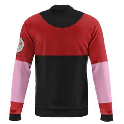 Back view of the Belle Vibrant Store Manager Zenless Zone Zero Casual Bomber Jacket: black lower half, red upper half, and pink sleeves. The right sleeve features a round, colorful patch with small circles and black text near the shoulder.