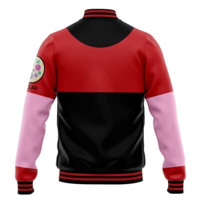The Belle Vibrant Store Manager Zenless Zone Zero Varsity Jacket features a red upper back, black lower back, light pink sleeves with a pizza patch on the left arm, and red/black striped collar, cuffs, and hem.