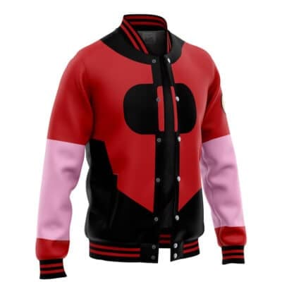 The Belle Vibrant Store Manager Zenless Zone Zero Varsity Jacket features red, black, and pink color blocks, a bold black oval chest design, striped collar and cuffs, and a button-up front.