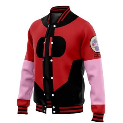 The Belle Vibrant Store Manager Zenless Zone Zero Varsity Jacket (Copy) features red and black colors, pink sleeves, black cuffs and collar, a bold black front pattern, and a colorful circular patch on the left sleeve.