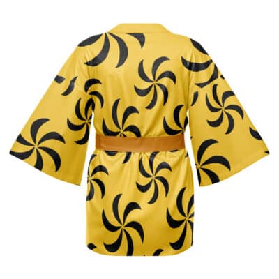 The Sagara Sanosuke Cosplay Inverse Rurouni Kenshin Happi Coat Haori Kimono features a yellow kimono-style robe with wide sleeves, a tan belt, and bold black pinwheel patterns, shown from the back.