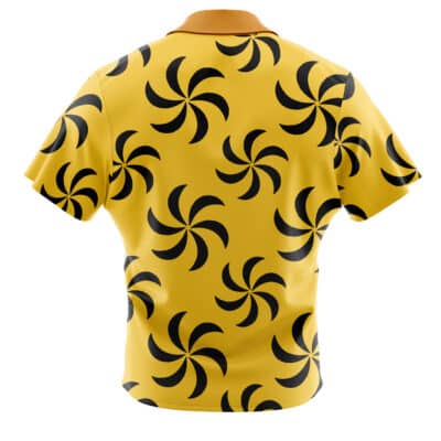 The Trebol Outfit Pattern One Piece Short Sleeve Button Up Hawaiian Shirt features a collared design in yellow with a repeating black swirl pattern on the back.