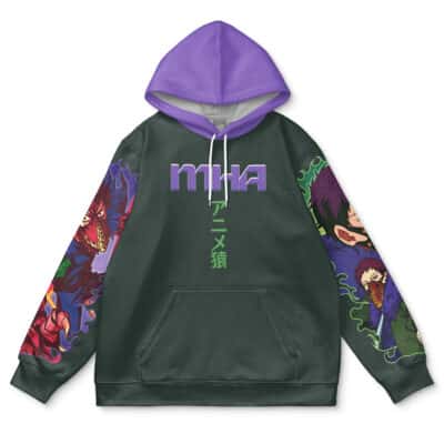 The Mirko My Hero Academia Streetwear Hoodie features a dark green body, purple hood, vibrant anime-style sleeve art, and bold neon MHA with Japanese text on the chest.