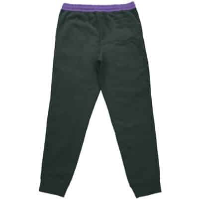Back view of Mirko My Hero Academia Streetwear Sweatpants in dark green with a purple elastic waistband and cuffed ankles, laid flat on a white background.