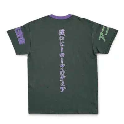 The Mirko My Hero Academia Streetwear T-Shirt features a dark green color with a purple collar, vertical Japanese text in purple on the back, and additional purple and green designs and text on both sleeves.