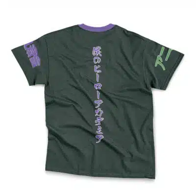 The Mirko My Hero Academia Streetwear T-Shirt features a dark green color, vertical purple Japanese characters on the back, and purple and green graphics on the sleeves.