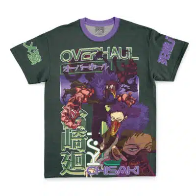 Dark green Mirko My Hero Academia Streetwear T-Shirt featuring vibrant anime artwork, Japanese and English text, purple accents, and dynamic action poses across the front and sleeves.