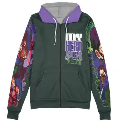 The Mirko My Hero Academia Streetwear Zip Hoodie Jacket is a dark green zip-up with a purple hood lining, MY HERO ACADEMIA text on the chest, and vibrant anime character art on both sleeves.