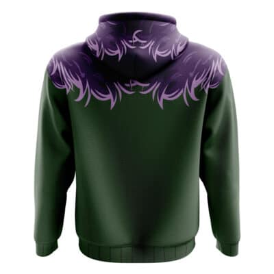 The Koichi The Crawler Black Cosplay My Hero Academia Vigilantes Zip Hoodie Jacket features a dark green back with a purple flame-like design across the shoulders and upper hood.