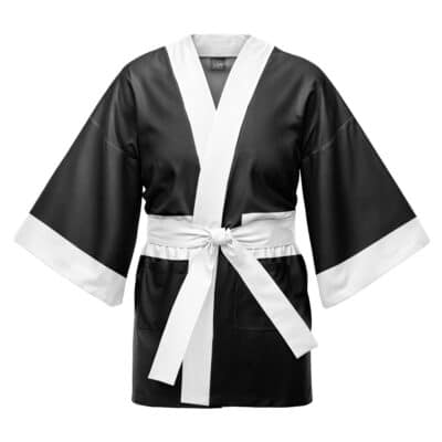 The Shinra Kusakabe World Heroes Force Cosplay Fire Force Happi Coat Haori Kimono features a black kimono-style design with wide sleeves, white collar, sleeve cuffs, and a white waist belt, shown against a plain white background.