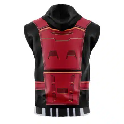 The King Kyoryu Red Cosplay Ohsama Sentai King-Ohger Sleeveless Hoodie features a bold red and gold armored design with geometric shapes on the back, resembling a futuristic superhero look. The hood is up for added flair.