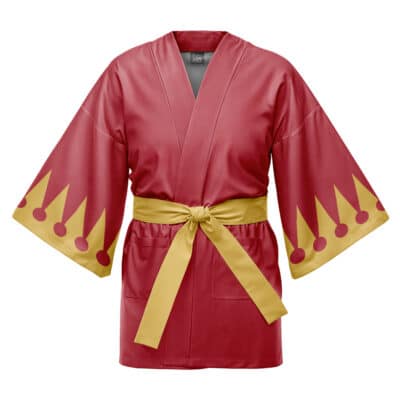 The World Heroes Force Cosplay Black Fire Force Happi Coat Haori Kimono features wide sleeves and a yellow belt, with yellow triangular patterns and circles decorating the sleeve edges.
