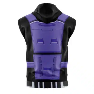 The Cryrax Klassic Mortal Kombat Sleeveless Hoodie (Copy) features a black base with bold purple futuristic armor graphics, geometric patterns, and metallic-style accents on the back.