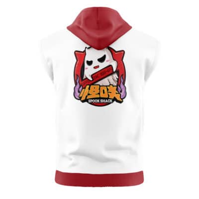 The Yunkui Summit Zenless Zone Zero Sleeveless Hoodie (Copy) is a white sleeveless hoodie with a red hood and hem, featuring a cartoon ghost in a red cape and bold "SPOOK SHACK" text on the back.