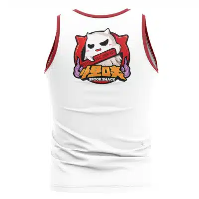 The Yunkui Summit Zenless Zone Zero Tank Top is a white tank with red trim, featuring a cartoon ghost holding a "SPOOK SHACK" sign, purple flames, and bold yellow text on the back.