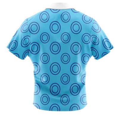 The image displays the back of the Fat Gum Cosplay My Hero Academia Short Sleeve Button Up Hawaiian Shirt, featuring a light blue base with a pattern of dark blue concentric circles, set against a white background.