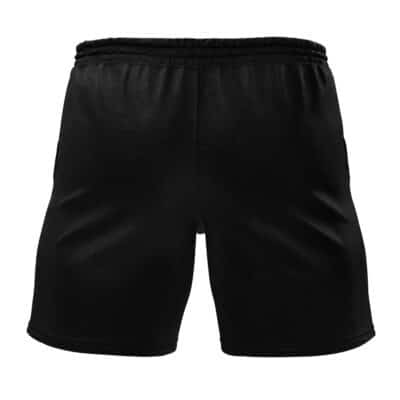 Back view of Melmetal Attack Pokemon Gym Shorts (Copy) featuring a plain black design and elastic waistband, displayed on a white background.