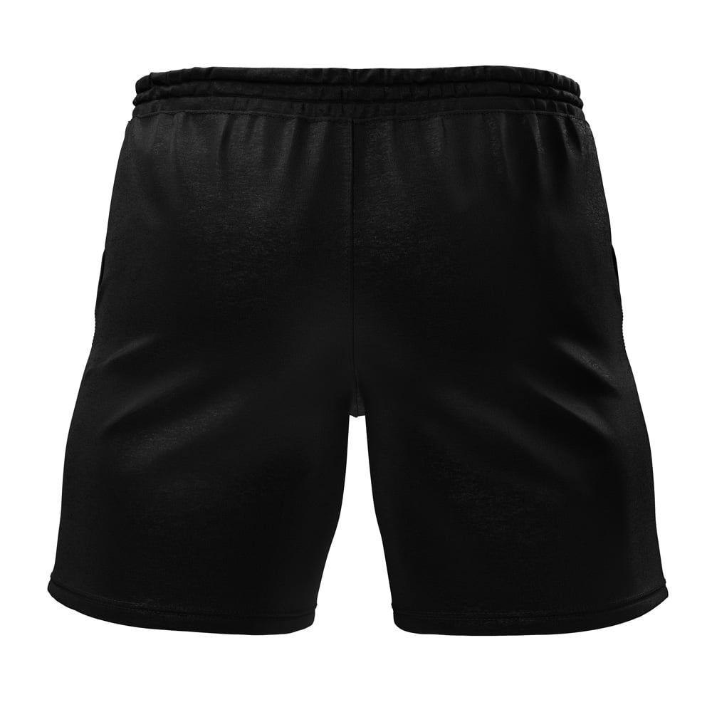 Back view of Melmetal Attack Pokemon Gym Shorts (Copy) featuring a plain black design and elastic waistband, displayed on a white background.