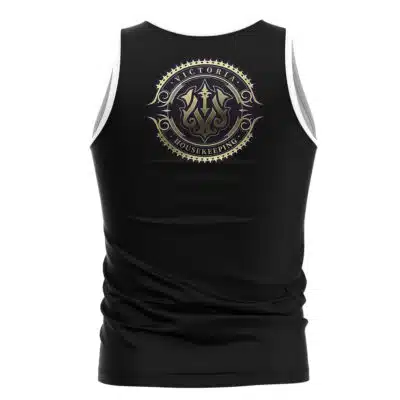 The Kung Lao Klassic Mortal Kombat 2 Tank Top (Copy) is a black sleeveless athletic shirt with a gold circular emblem on the back displaying "Victoria Housekeeping" and a stylized trident at its center.