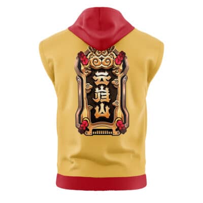 Stars of Lyra Zenless Zone Zero Sleeveless Hoodie: yellow hoodie with red hood and hem, bold black and gold ornate patterns, and stylized Asian characters on the back.