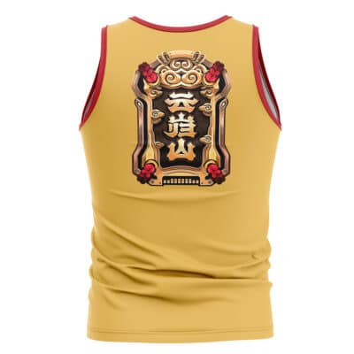 The Stars of Lyra Zenless Zone Zero Tank Top is a yellow sleeveless athletic shirt with red trim, featuring an ornate Asian-inspired design and stylized gold, black, and red Chinese characters on the back.