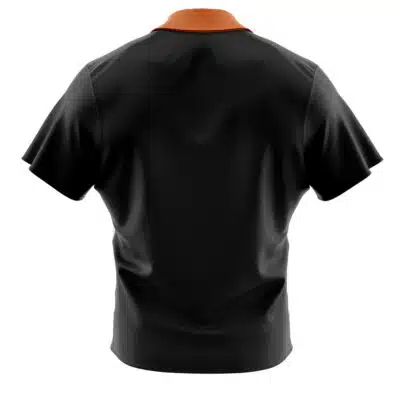 A back view of the Default Button Up Hawaiian Shirt (Copy), featuring black short sleeves and an orange collar, displayed on a white background.