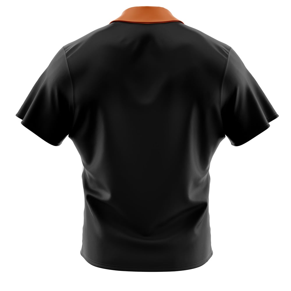 A back view of the Default Button Up Hawaiian Shirt (Copy), featuring black short sleeves and an orange collar, displayed on a white background.