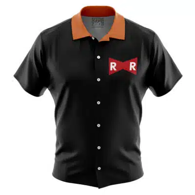 Android 17 MIR Dragon Ball Z Short Sleeve Button Up Hawaiian Shirt featuring a short-sleeve black design with an orange collar and a red bowtie-shaped logo with two white R letters on the left chest.