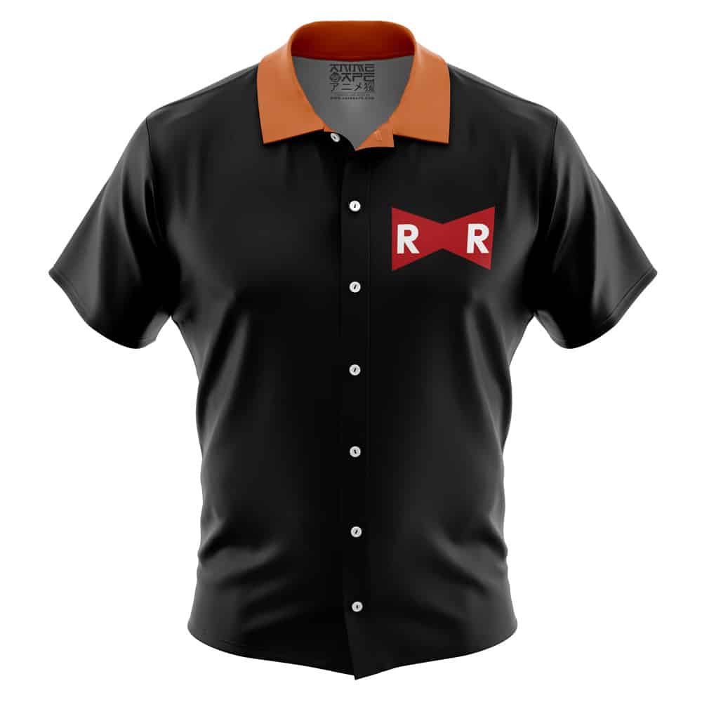 Android 17 MIR Dragon Ball Z Short Sleeve Button Up Hawaiian Shirt featuring a short-sleeve black design with an orange collar and a red bowtie-shaped logo with two white R letters on the left chest.