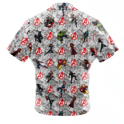 Back view of the Default Button Up Hawaiian Shirt (Copy), featuring vibrant Avengers superheroes—including Iron Man, Thor, Hulk, Captain America, and Black Widow—and red Avengers logos on a white patterned background. This shirt showcases a colorful short-sleeve design perfect for Marvel fans.